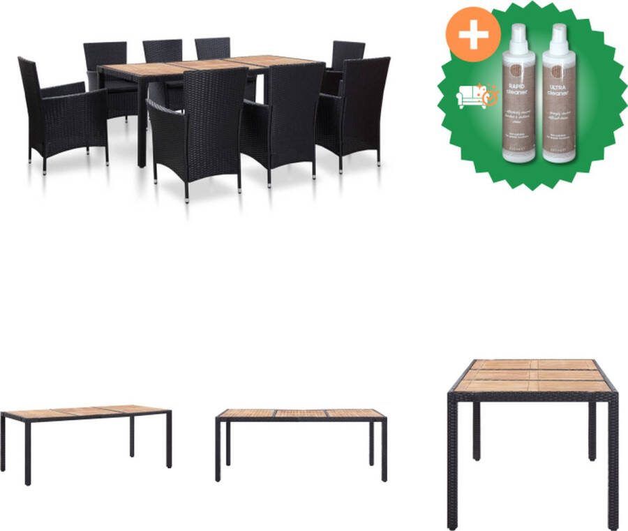 VidaXL Poly Rattan Tuinset Zwart PE-rattan Massief acaciahout Gepoedercoat staal 190 x 90 x 75 cm Set van 1 tafel 8 stoelen en 8 zitkussens Tuinset Inclusief Onderhoudsset