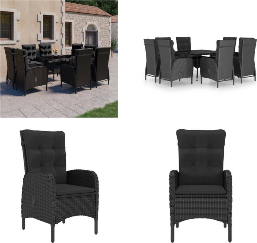 VidaXL 9-delige Tuinset poly rattan en glas zwart Eethoek Voor Buiten Eethoeken Voor Buiten Tuintafel En Stoel Tuintafels En Stoelen