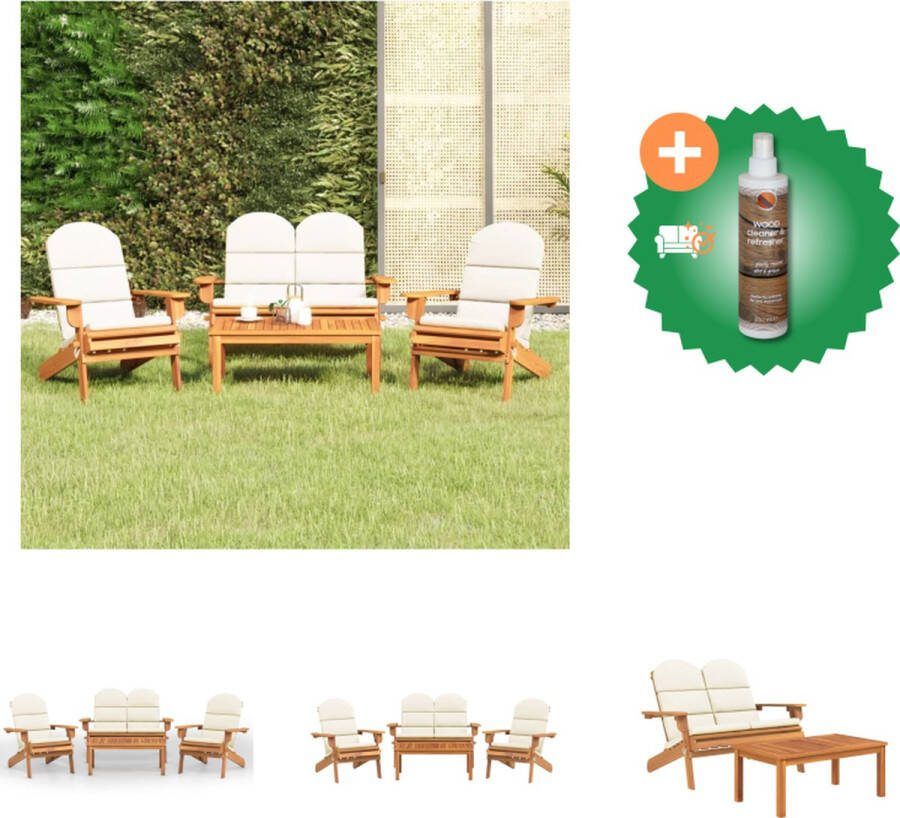 VidaXL Adirondack Loungeset Massief acaciahout Tuinstoel 75x84x90 cm Tuinbank 126x84x90 cm Salontafel 90x50x36 cm Crèmewitte kussens Tuinset Inclusief Houtreiniger en verfrisser