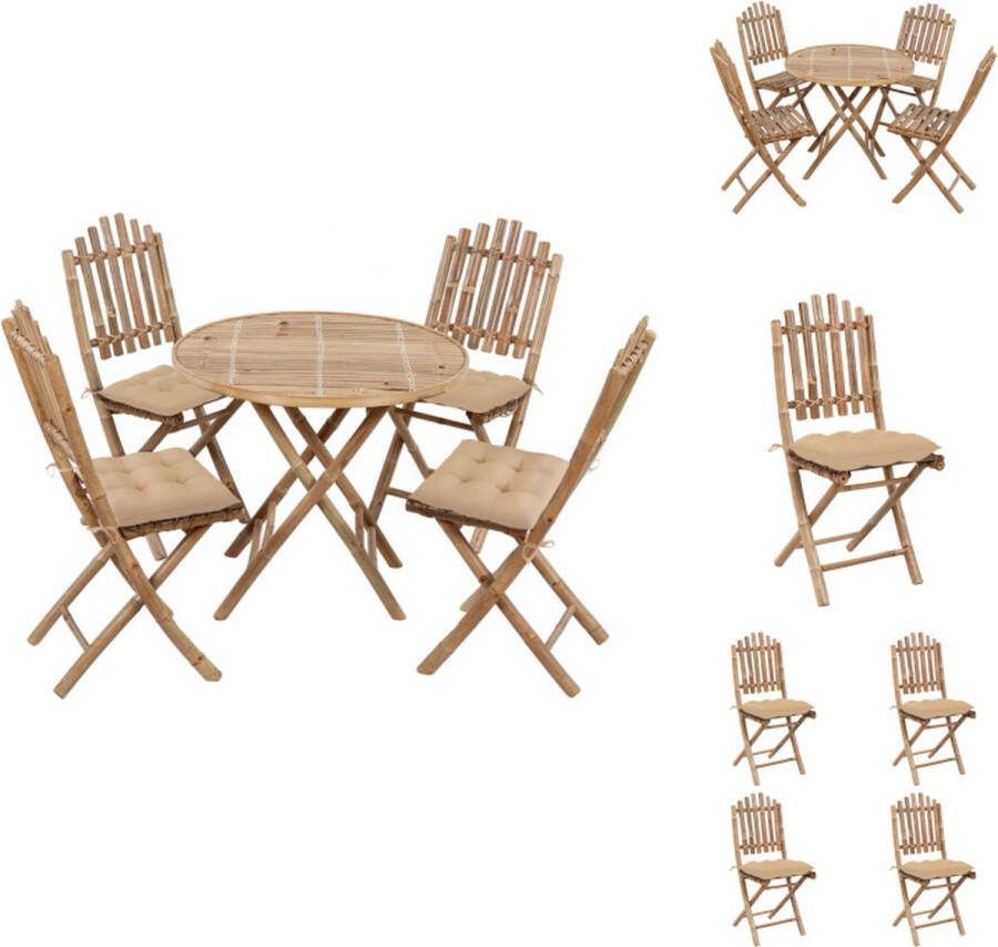 VidaXL Bamboe Eethoek Tafel 80 x 70 cm Stoel 50 x 42 x 92 cm Beige Kussens Tuinset