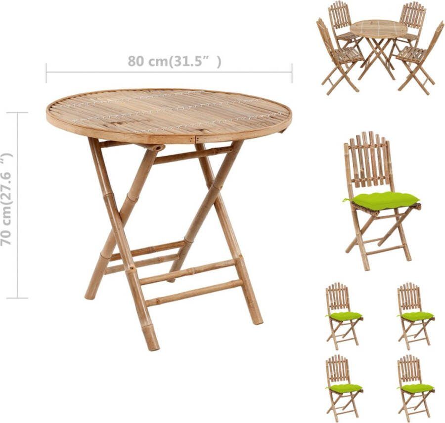 VidaXL Bamboe Eethoek Tuinset 80 x 70 cm Inklapbaar Water- en weerbestendig Helder Groen Kussen 100% Polyester Tuinset
