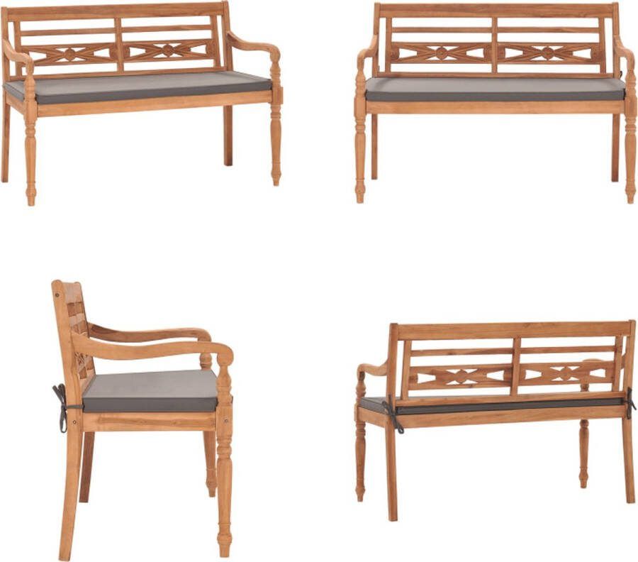 VidaXL Bank Batavia met donkergrijs kussen 120 cm massief teakhout Bank Banken Houten Bank Houten Banken
