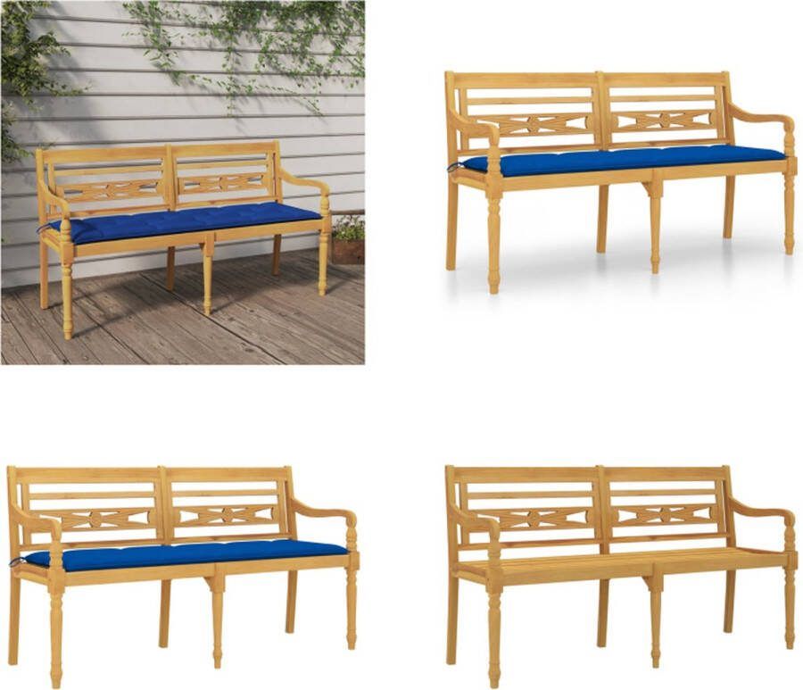 VidaXL Bankje Batavia met blauw kussen 150 cm massief teakhout Bankje Bankjes Tuinbankje Bankje