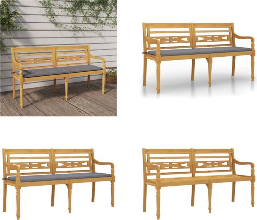 VidaXL Bankje Batavia met grijs kussen 150 cm massief teakhout Bankje Bankjes Tuinbankje Bankje