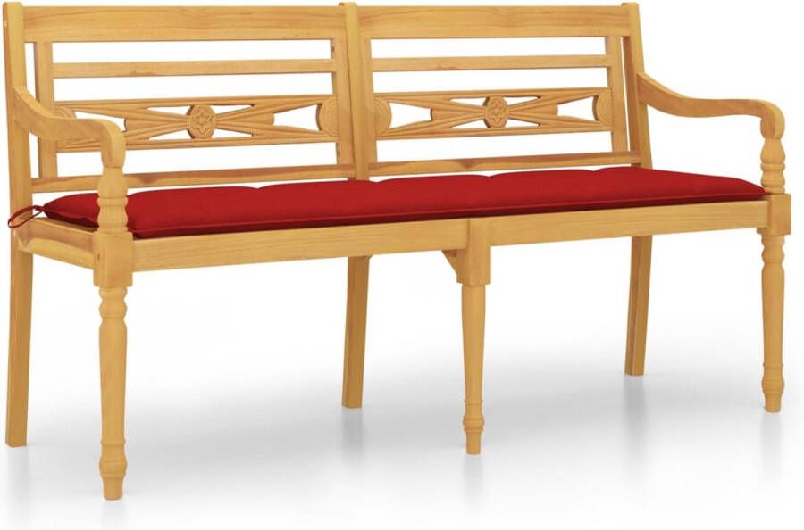 VidaXL -Bankje-Batavia-met-rood-kussen-150-cm-massief-teakhout