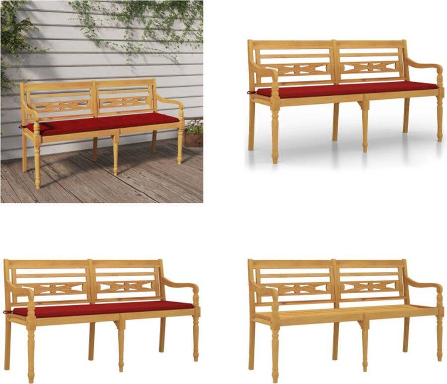 VidaXL Bankje Batavia met rood kussen 150 cm massief teakhout Bankje Bankjes Tuinbankje Bankje