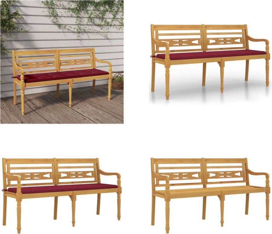 VidaXL Bankje Batavia met wijnrood kussen 150 cm massief teakhout Bankje Bankjes Tuinbankje Bankje