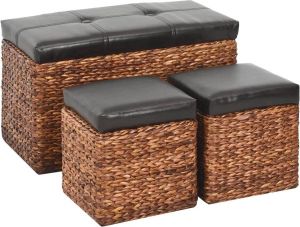 VidaXL Bankje met 2 poefs zeegras bruin en zwart