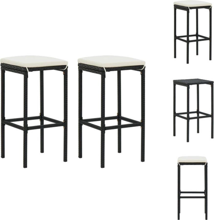 VidaXL Barkrukken Set van 2 PE-Rattan Zwart 38x38x76cm Crèmewit Kussen Barkruk