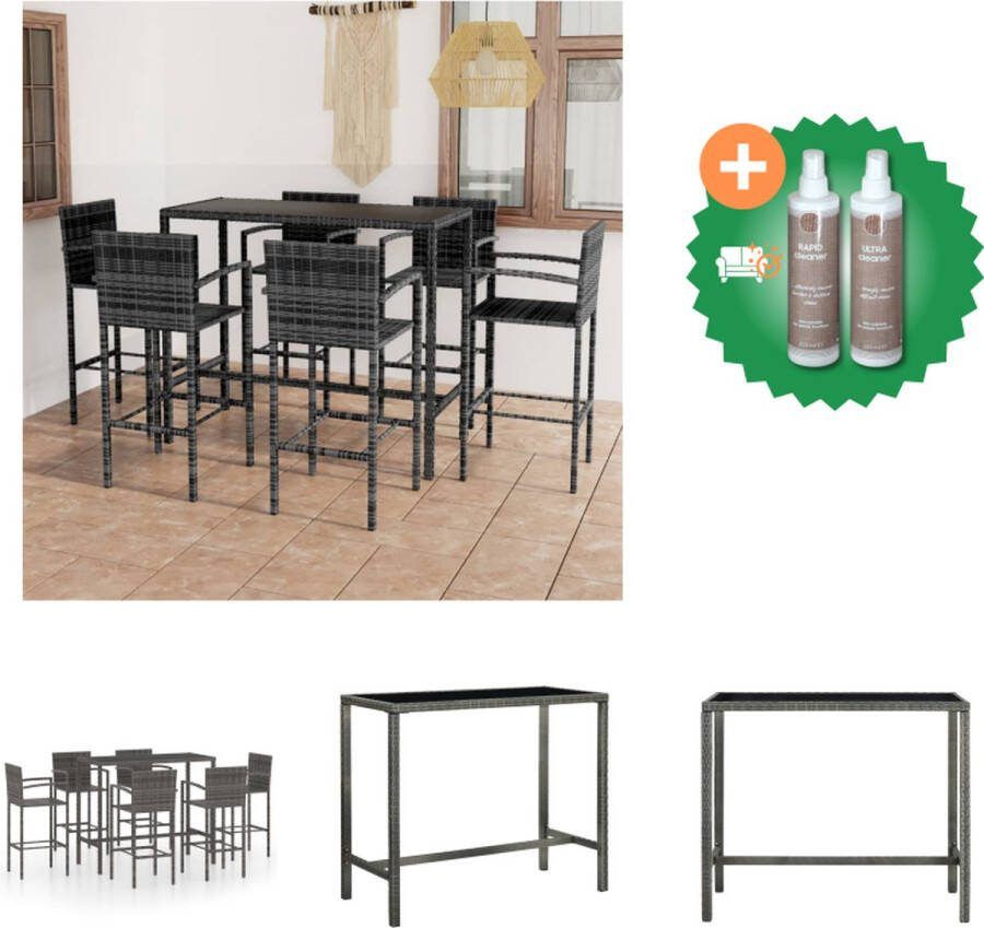 VidaXL Barset 130 x 60 x 110 cm Grijs Zwart PE-rattan gepoedercoat staal gehard glas 6 krukken Tuinset Inclusief Onderhoudsset