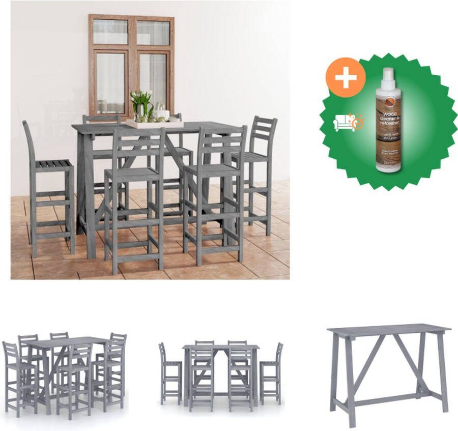 VidaXL Barset Acaciahout Greywash 140x70x104cm 6 barkrukken Grijs Tuinset Inclusief Houtreiniger en verfrisser