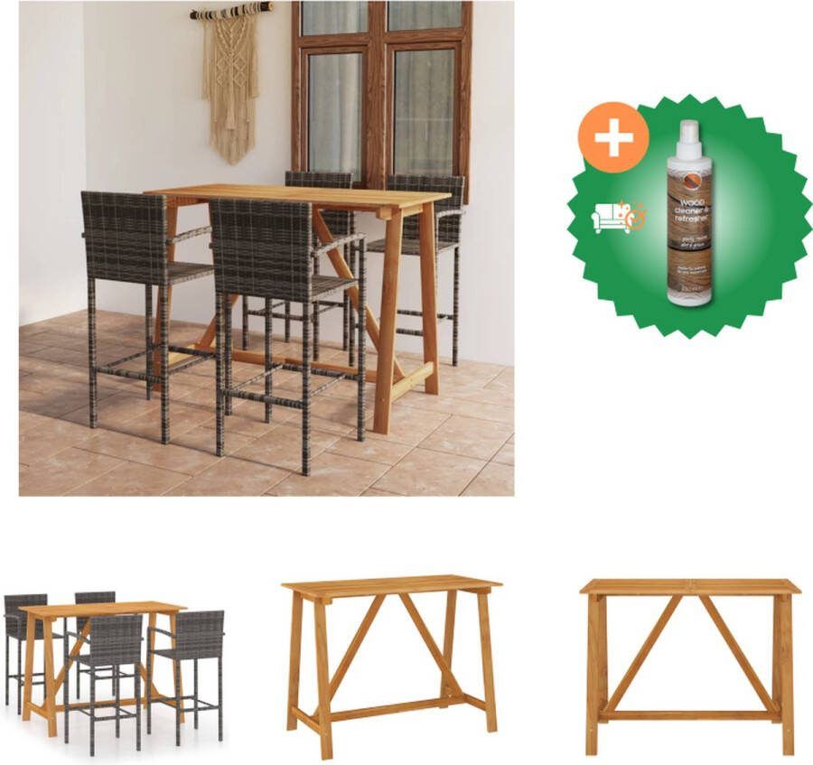 VidaXL Barset Acaciahout Grijs 140 x 70 x 104 cm Poly rattan en gepoedercoat staal 4 x barkruk Tuinset Inclusief Houtreiniger en verfrisser