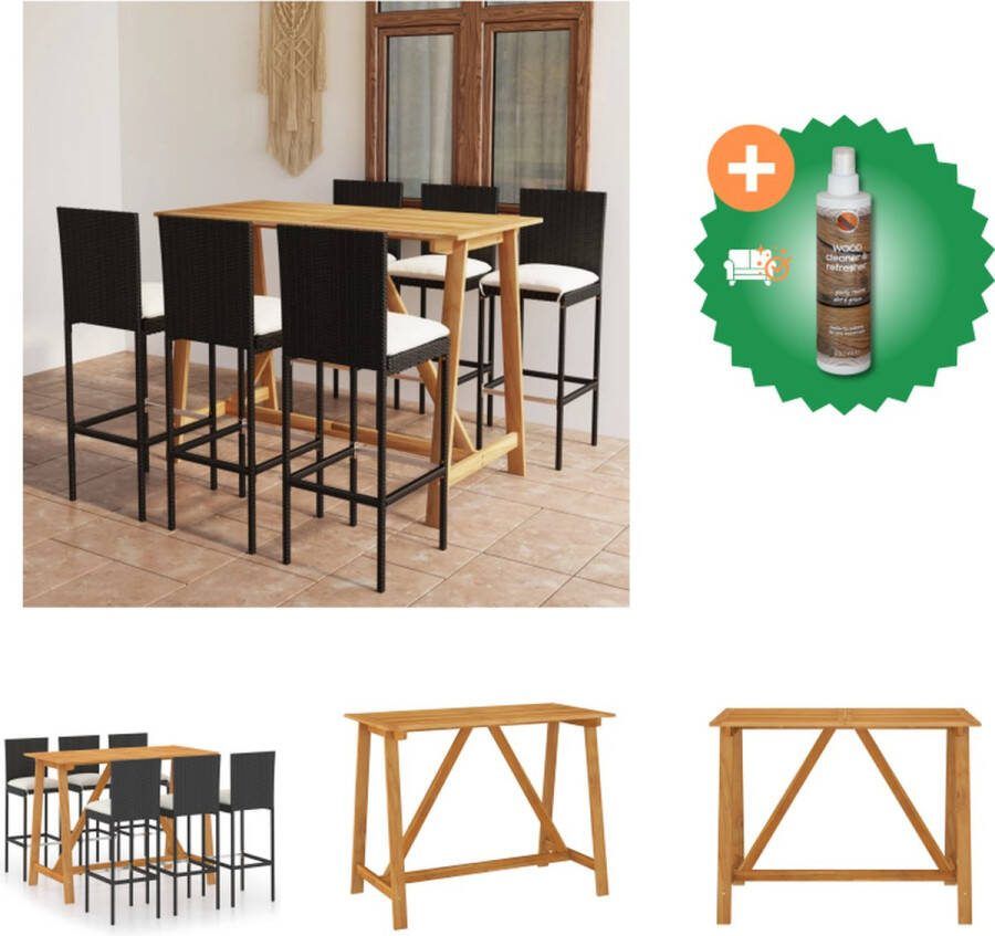 VidaXL Barset Acaciahout Zwart 140 x 70 x 104 cm 6 barkrukken Inclusief zitkussens Tuinset Inclusief Houtreiniger en verfrisser