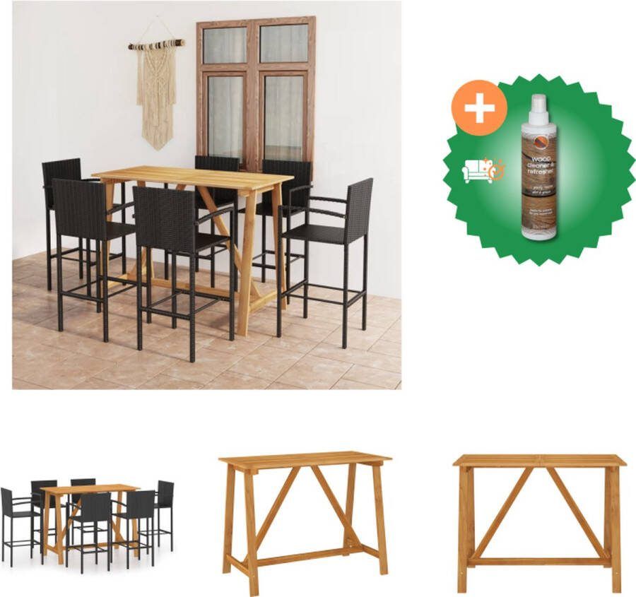 VidaXL Barset Acaciahout Zwart 140x70x104 cm Weerbestendig PE Rattan 6 Barkrukken Tuinset Inclusief Houtreiniger en verfrisser
