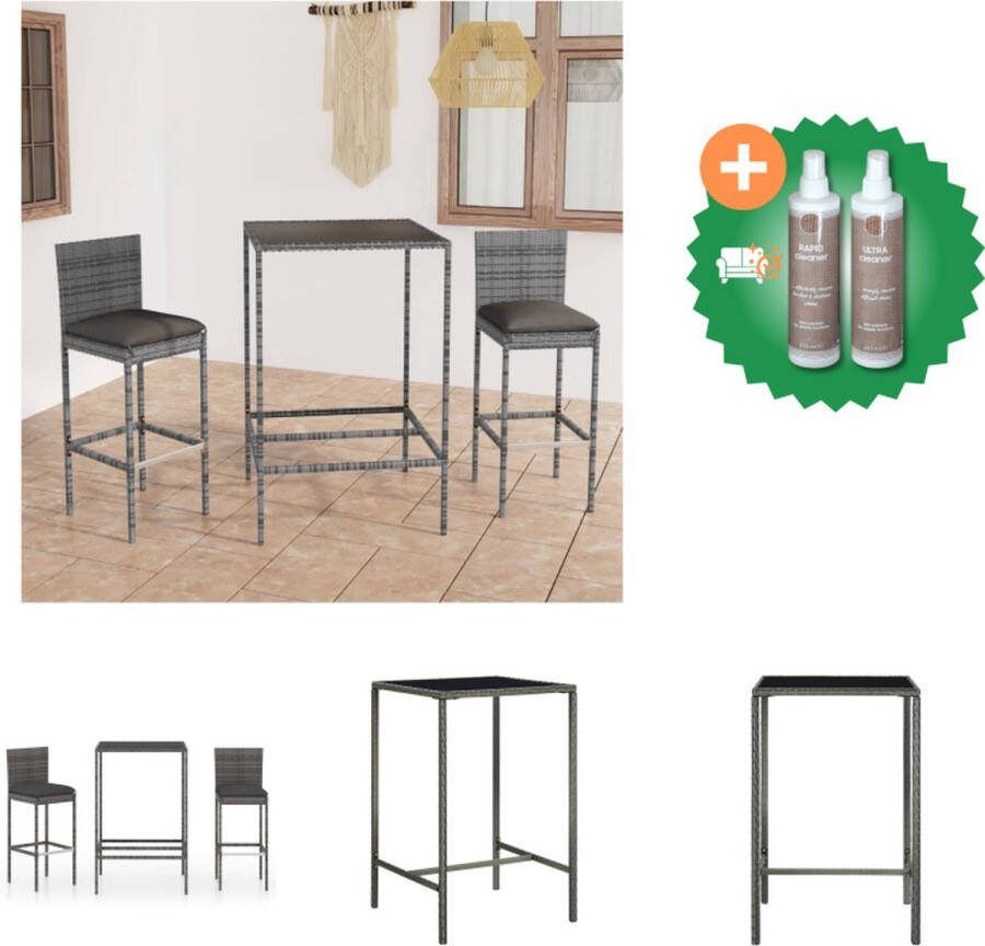 VidaXL Barset Antraciet Grijs PE-rattan 70x70x110 cm Tafel met Gehard Glas 2 Barkrukken Inclusief Kussens Tuinset Inclusief Onderhoudsset