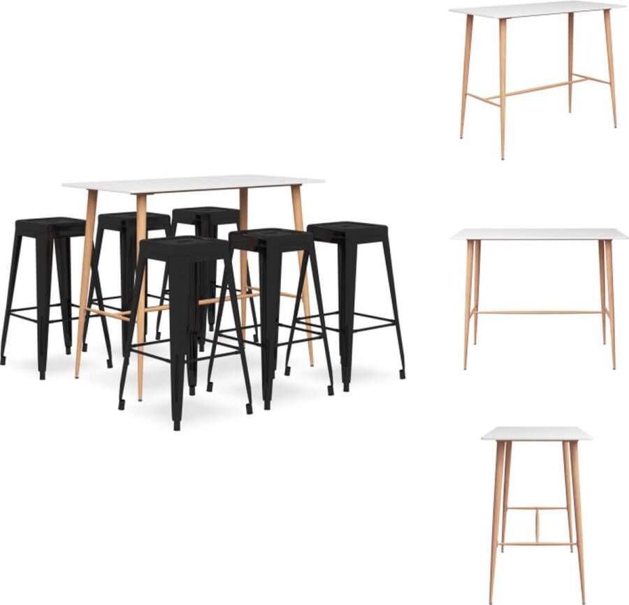 VidaXL barset Bartafel wit 120x60x105 cm MDF en metaal + 6x barkruk zwart 43x43x77 cm metaal Set tafel en stoelen