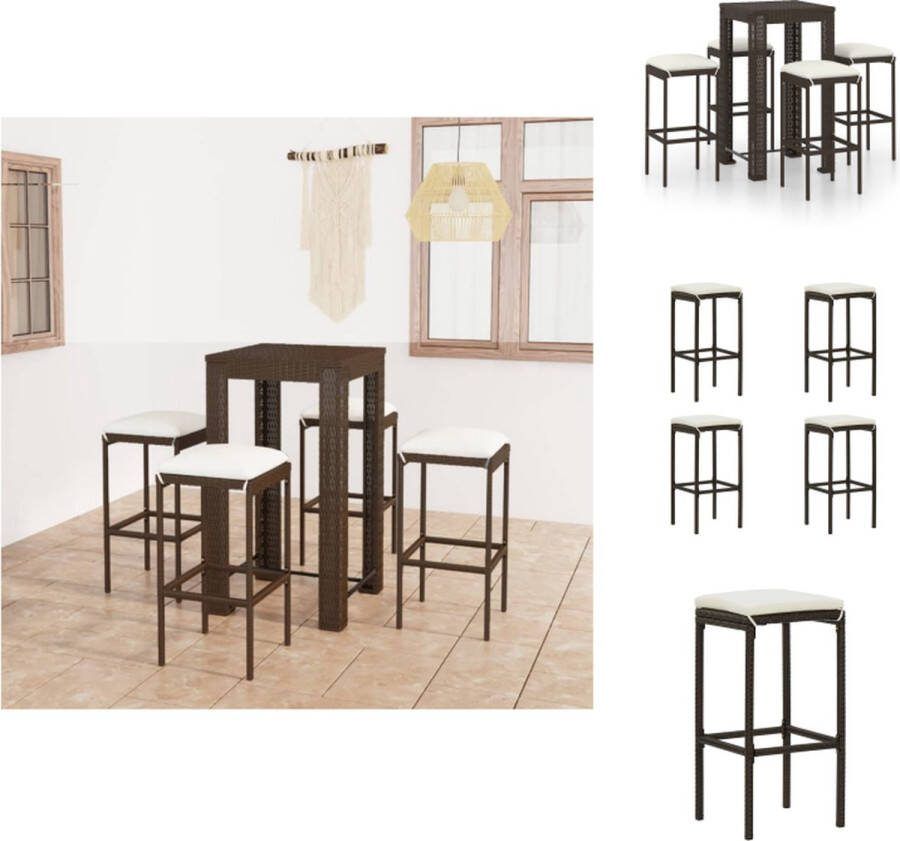 VidaXL Barset bruin PE-rattan gepoedercoat staal bartafel 60.5x60.5x110.5cm stoel 38x38x76cm inclusief 4 krukken en kussens Tuinset