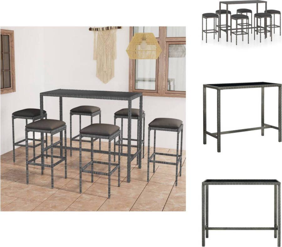 VidaXL Barset Calais Bartafel en 6 krukken Grijs PE-rattan Gepoedercoat staal Gehard glas Antraciet kussen 130x60x110cm Tuinset