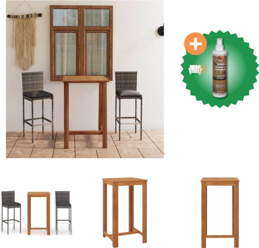 VidaXL Barset Grijs Massief acaciahout Poly rattan Afmetingen- 60x60x105cm Inclusief 2 barkrukken en zitkussens Tuinset Inclusief Houtreiniger en verfrisser