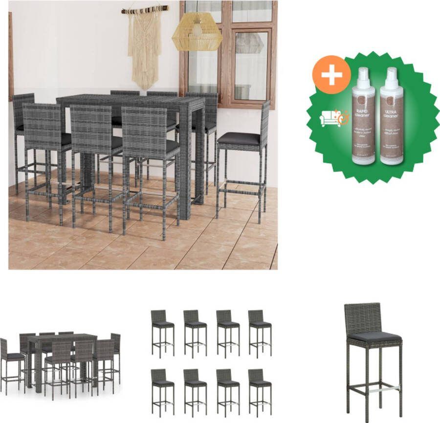 VidaXL Barset Grijs PE-rattan en gepoedercoat staal 140.5 x 60.5 x 110.5 cm (L x B x H) Inclusief 8 barkrukken en zitkussens Tuinset Inclusief Onderhoudsset