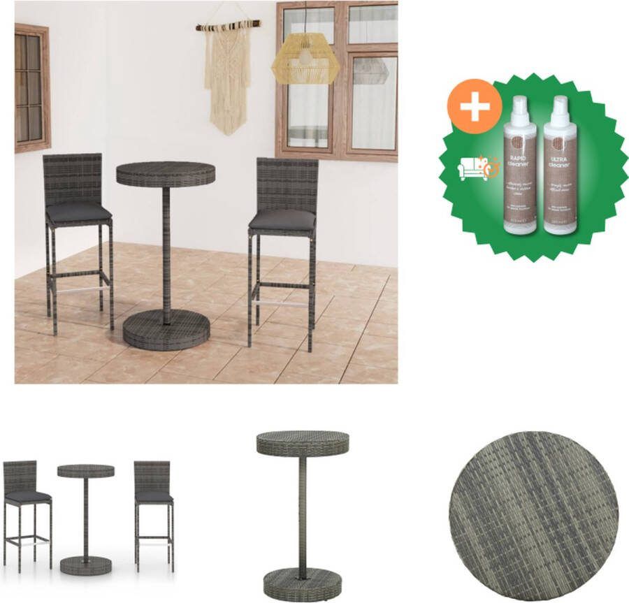 VidaXL Barset Grijs PE-rattan en gepoedercoat staal Bartafel 60.5 x 106 cm Stoel 40 x 44 x 108 cm Zithoogte 76 cm Incl kussens Tuinset Inclusief Onderhoudsset