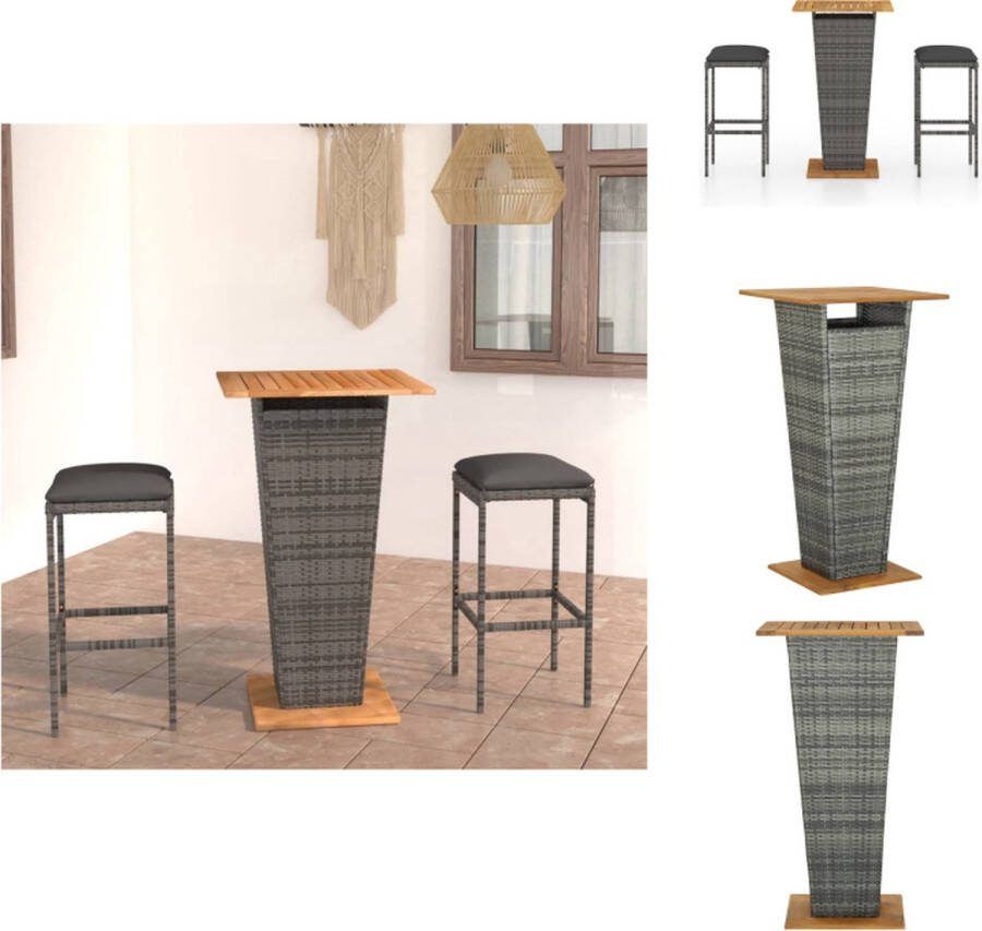 VidaXL Barset Grijs PE-rattan staal 60x60x110 cm Acaciahout 2 krukken Tuinset