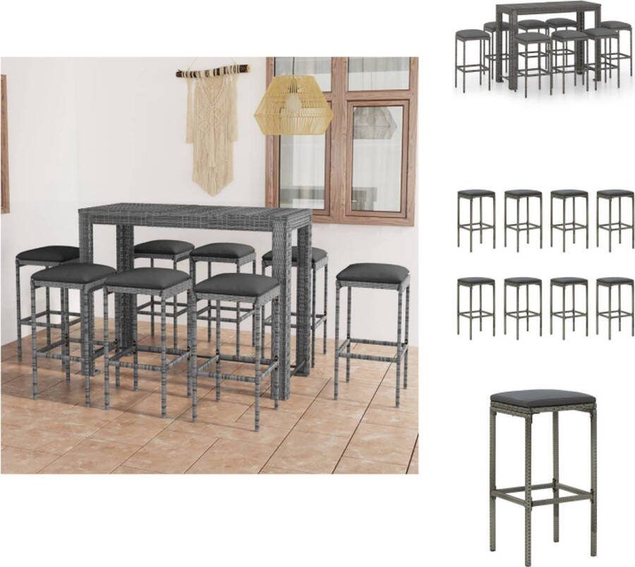 VidaXL Barset Grijs Tafel- 140.5 x 60.5 x 110.5 cm Stoelen- 38 x 38 x 76 cm Inclusief 8 krukken en kussens Tuinset
