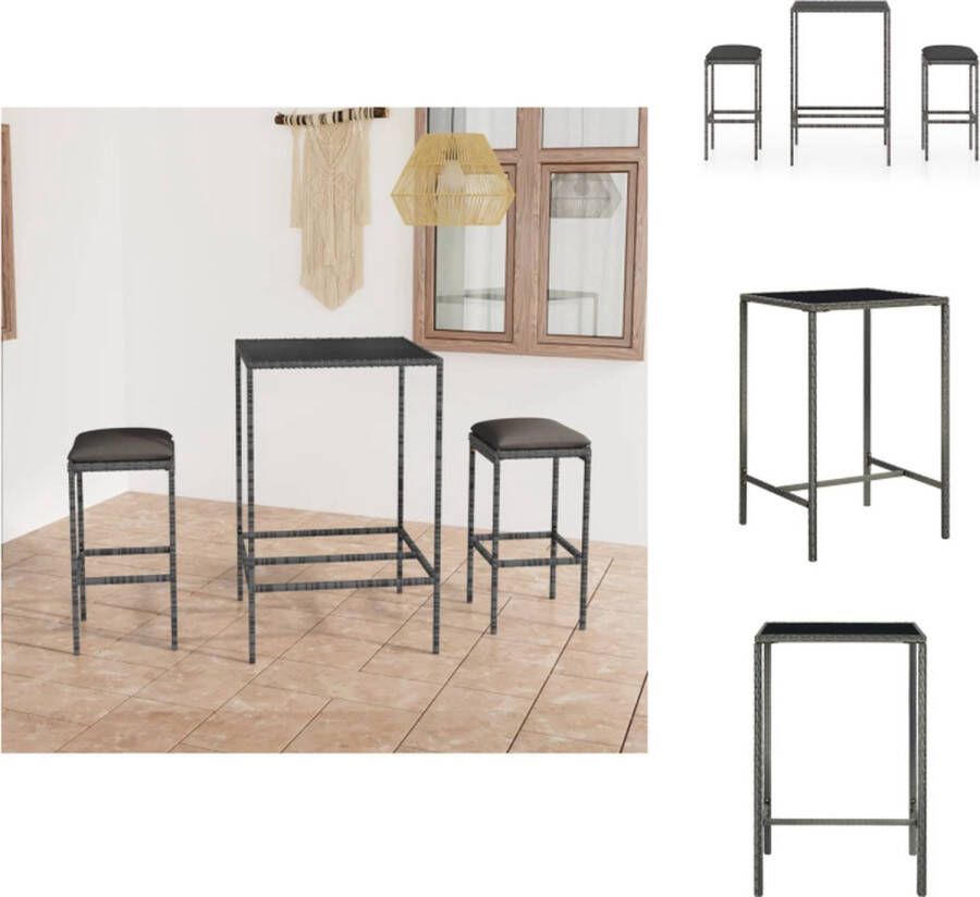 VidaXL Barset Grijze PE-rattan Stalen Frame Gehard Glas Afmetingen Tafel- 70x70x110cm Afmetingen Kruk- 38x38x76cm Inclusief Zitkussen Tuinset