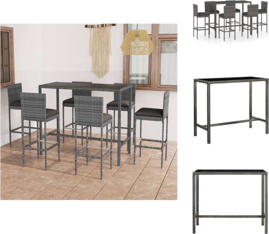 VidaXL Barset Marseille Grijze PE-rattan 130 x 60 x 110 cm Inclusief 6 krukken en kussens Tuinset