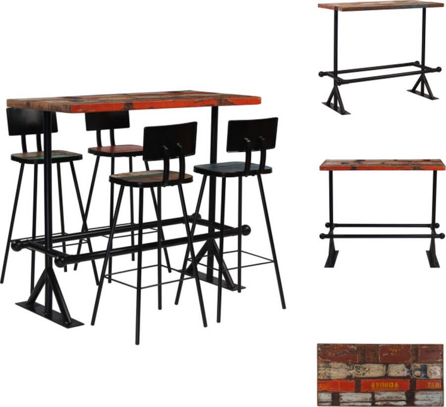 VidaXL Barset Massief gerecycled hout Industriële stijl 120x60x107cm 4 barstoelen Set tafel en stoelen