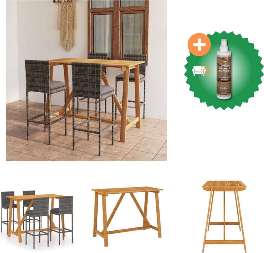 VidaXL Barset naam Tuintafel en 4 barkrukken Massief acaciahout Grijs poly rattan Inclusief zitkussens Afmetingen- 140 x 70 x 104 cm Tuinset Inclusief Houtreiniger en verfrisser