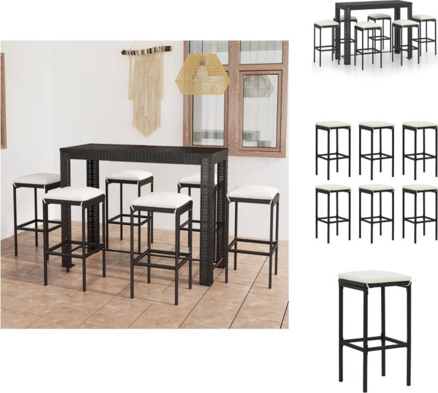 VidaXL Barset Oasi Tafel- 140.5 x 60.5 x 110.5 cm Stoel- 38 x 38 x 76 cm Zwart PE-rattan en stalen frame Incl 6 krukken en kussens Tuinset