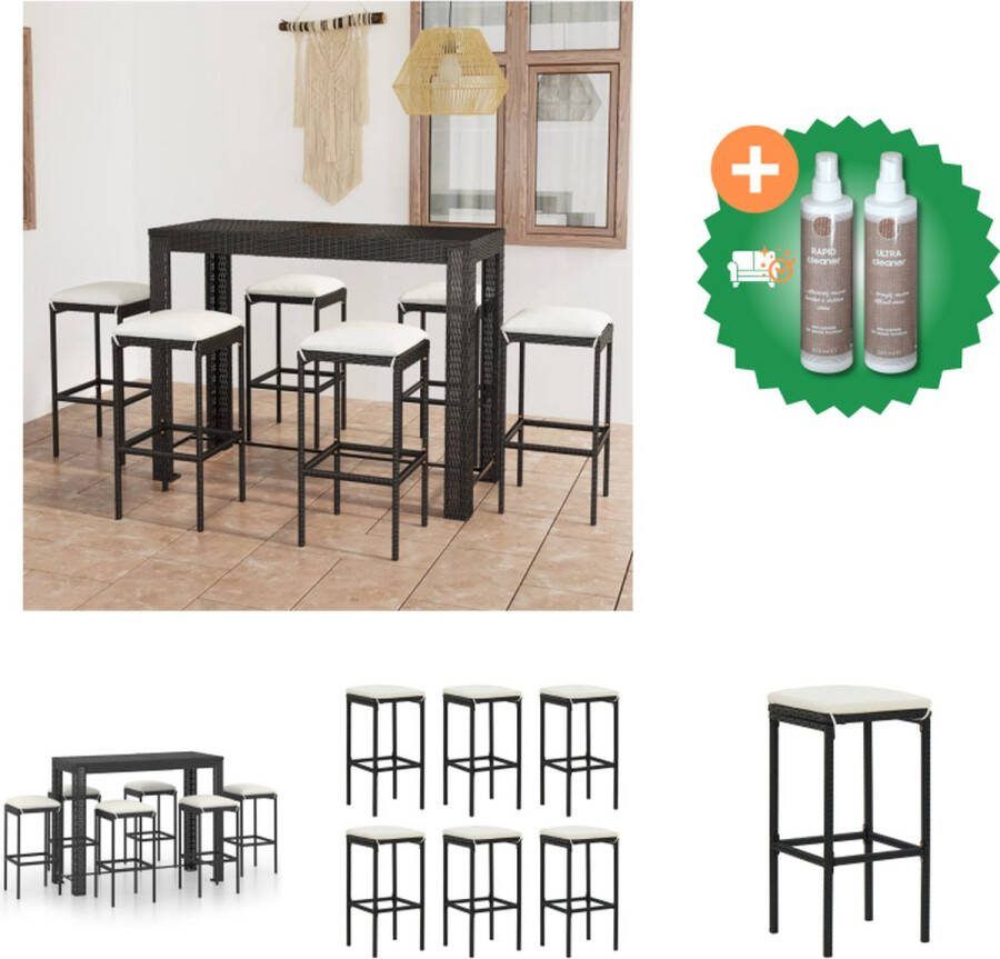 VidaXL Barset Oasi Tafel- 140.5 x 60.5 x 110.5 cm Stoel- 38 x 38 x 76 cm Zwart PE-rattan en stalen frame Incl 6 krukken en kussens Tuinset Inclusief Onderhoudsset
