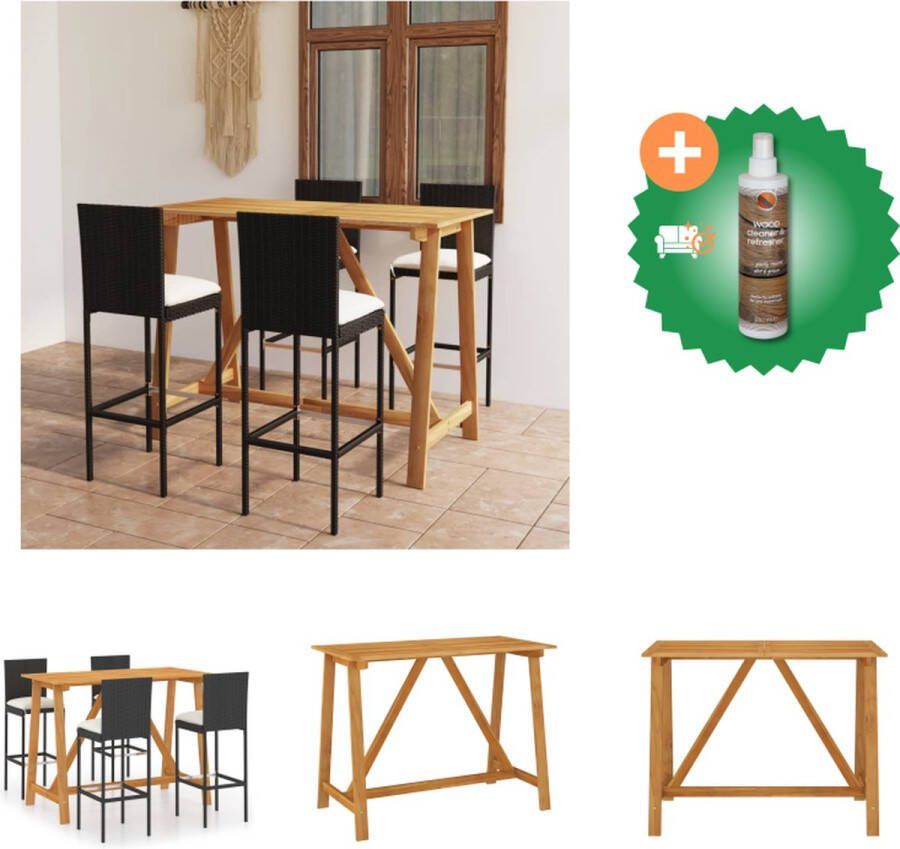 VidaXL Barset Outdoor Massief acaciahout PE-rattan Zwart Stoel- 40x44x108 cm Tafel- 140x70x104 cm Incl 4 barkrukken Tuinset Inclusief Houtreiniger en verfrisser
