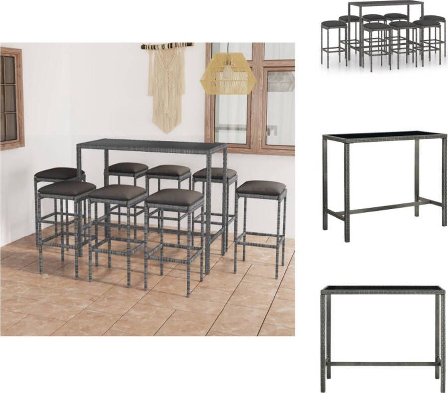 VidaXL Barset PE-rattan Gepoedercoat Staal Gehard Glas Grijs Zwart 130 x 60 x 110 cm 8 krukken Crèmewit kussen Montage vereist Inclusief tafel Tuinset