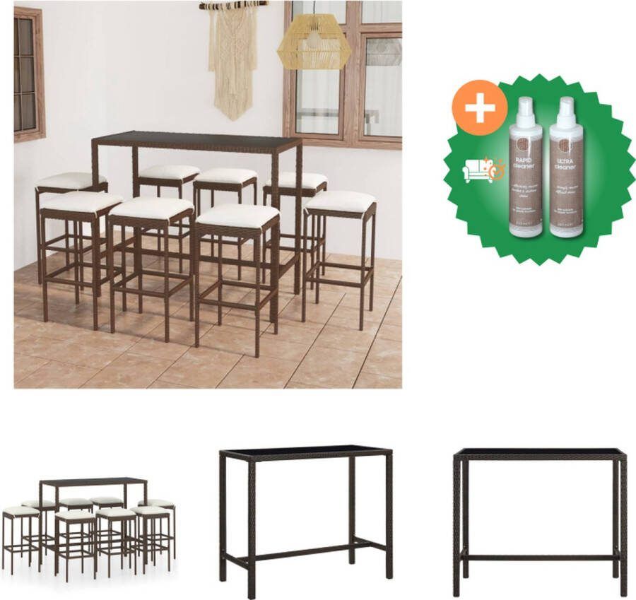 VidaXL Barset Rattan 130 x 60 x 110 cm Bruin Tafel en 8 krukken PE-rattan en gehard glas met stalen frame Inclusief zitkussens Tuinset Inclusief Onderhoudsset