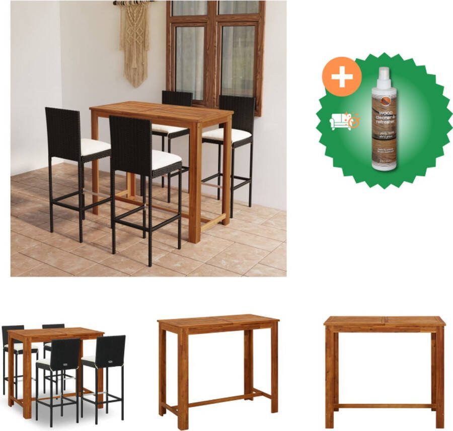 VidaXL Barset Tuintafel en Barkrukken Massief Acaciahout Zwart PE-rattan 120 x 60 x 105 cm Inclusief zitkussens Tuinset Inclusief Houtreiniger en verfrisser