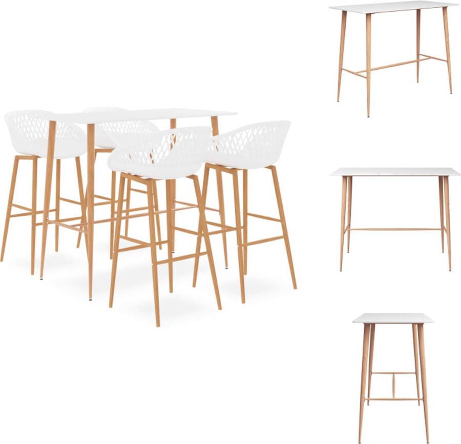 VidaXL Bartafel 120x60x105cm MDF en metaal wit + 4 barkrukken 48x47.5x95.5cm PP en metaal wit hout-look poten Set tafel en stoelen