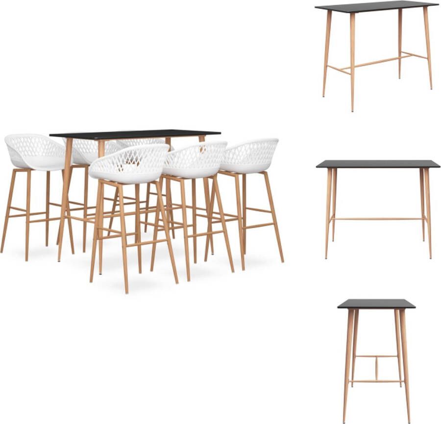 VidaXL Bartafel MDF en metaal 120x60x105 cm Zwart + 6 Barkruk PP en metaal 48x47.5x95.5 cm Wit Ergonomisch design Set tafel en stoelen