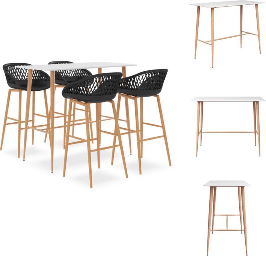 VidaXL Bartafel Wit 120x60x105 cm MDF en Metaal Poten met Hout-look Inclusief 4 Barkrukken+Zwart 48x47.5x95.5 cm PP en Metaal 74.5 cm Zithoogte Lage Rugleuning met Mesh-look Set tafel en stoelen