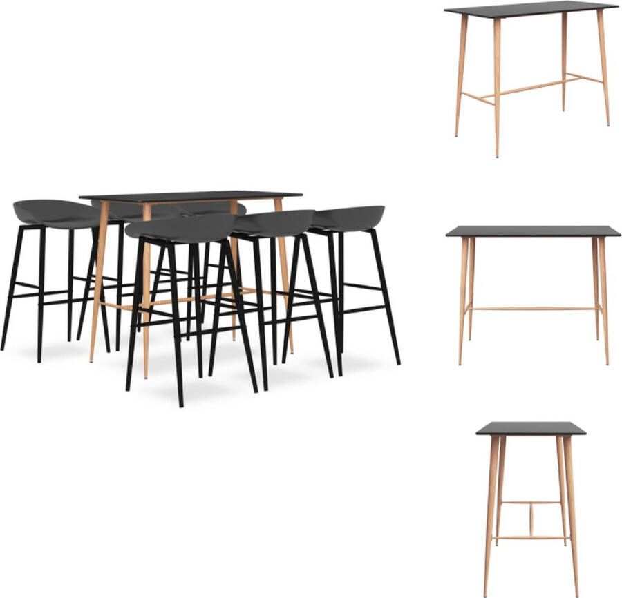 VidaXL Bartafel zwart MDF en metaal 120 x 60 x 105 cm Poten met hout-look Barkruk grijs PP en metaal 48 x 47.5 x 95.5 cm Zithoogte 74.5 cm 1 x bartafel 6 x barkruk Set tafel en stoelen