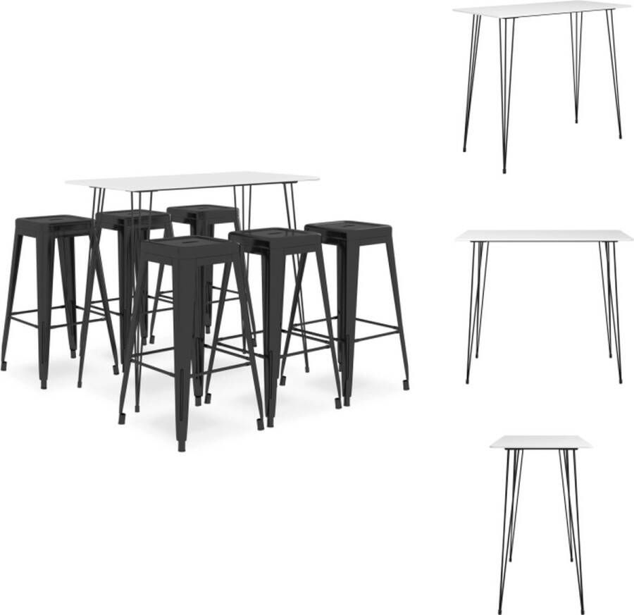 VidaXL Bartafelset wit MDF en metaal 120 x 60 x 105 cm 6x stapelbare barkrukken zwart metaal 43 x 43 x 77 cm Set tafel en stoelen