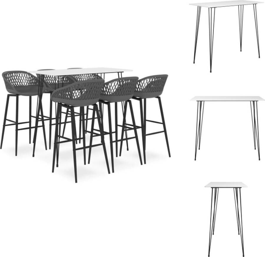 VidaXL Bartafelset wit MDF en metaal 120x60x105 cm incl 1 bartafel 6 barkrukken grijs PP en metaal 48x47.5x95.5 cm Set tafel en stoelen