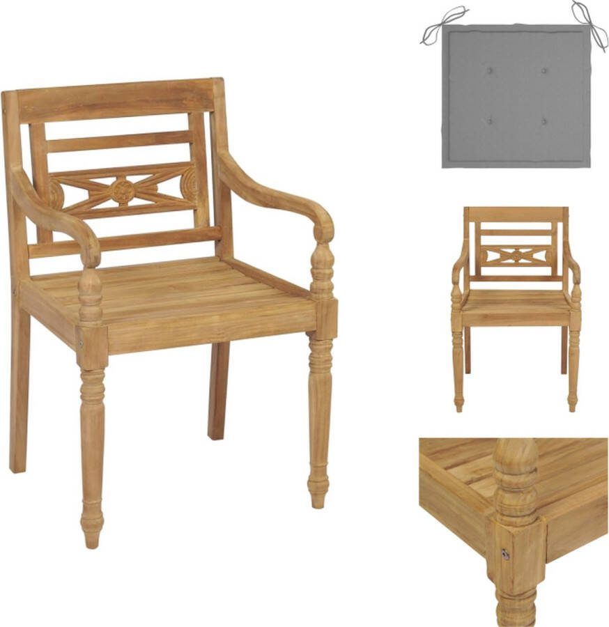 VidaXL Batavia Tuinstoelen Teakhout 55x51.5x84 cm Grijs kussen Tuinstoel