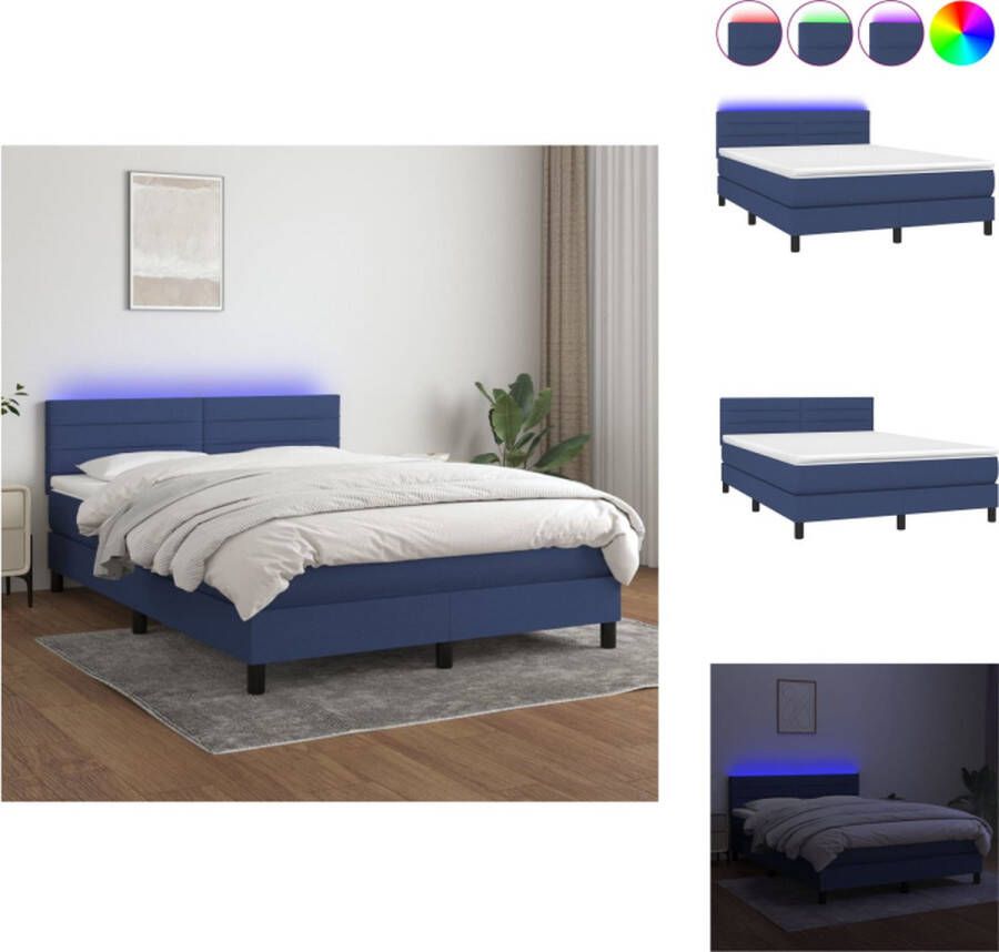 VidaXL Bed Blauw Stof 203x144x78 88cm Verstelbaar Hoofdbord LED-verlichting Pocketvering Matras Huidvriendelijk Topmatras Bed