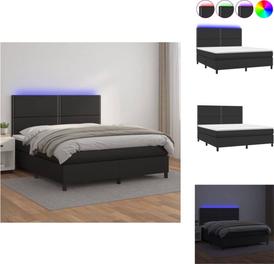 VidaXL Bed LED Boxspring 160x200 Zwart Duurzaam kunstleer Verstelbaar hoofdbord Pocketvering matras Huidvriendelijke topmatras Kleurrijke LED-verlichting Bed