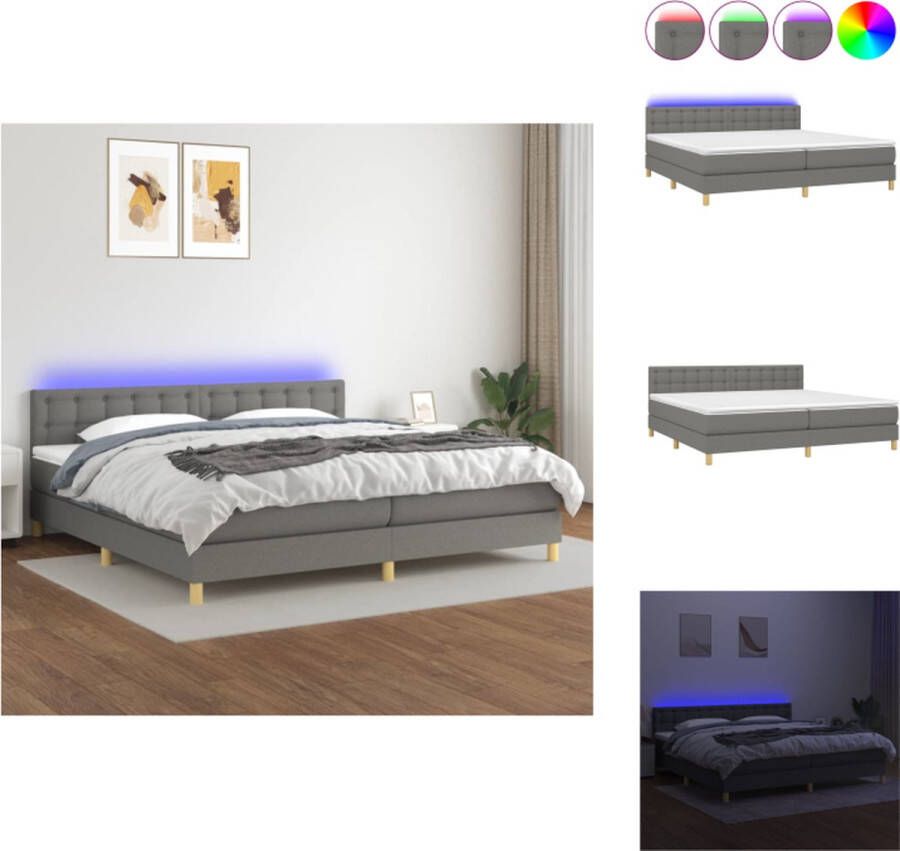 VidaXL Bed LED Boxspring 203x200x78 88cm Donkergrijs Duurzaam en ademend stof Verstelbaar hoofdbord Kleurrijke LED-verlichting Pocketveringmatras Huidvriendelijk topmatras Inclusief montagehandleiding USB-aansluiting Bed