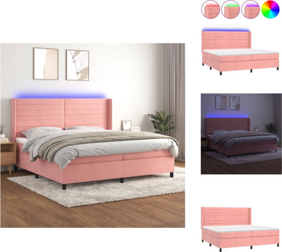 VidaXL Bed Roze Fluweel Boxspring 203x203cm Verstelbaar hoofdbord LED-verlichting Pocketvering matras Huidvriendelijk topmatras Met montagehandleiding Bed