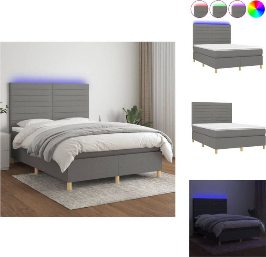 VidaXL Bedframe Donkergrijs 193x144x118 128cm Bedmatras 140x190x20cm Bedtopmatras 140x190x5cm LED Strip 55cm (x2) Bed