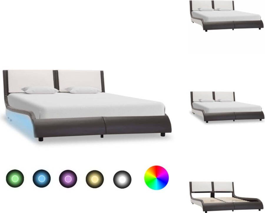 VidaXL Bedframe grijs en wit gepoedercoat ijzeren frame MDF multiplex en gepoedercoate stalen poten 229 x 130 x 68 cm geschikt voor matras 120 x 200 cm LED-strip en afstandsbediening USB-aansluiting Bed
